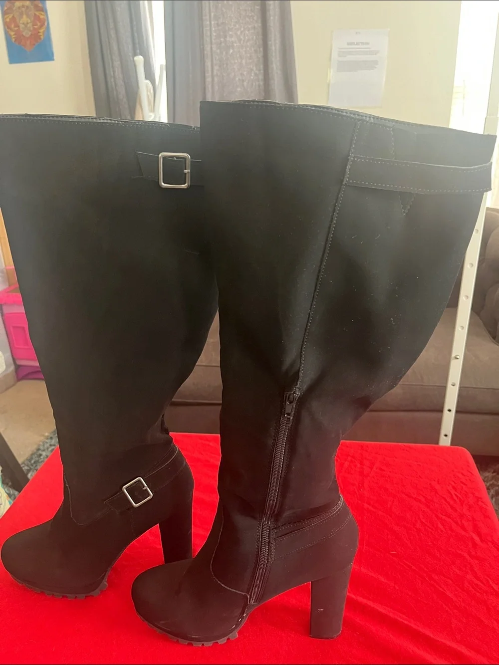 Women's Black Over-the-Knee Buckle Block Heel Boots